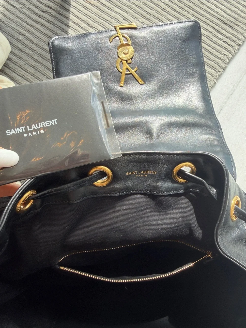 Saint Laurent Black Velvet Backpack with Gold YSL Logo